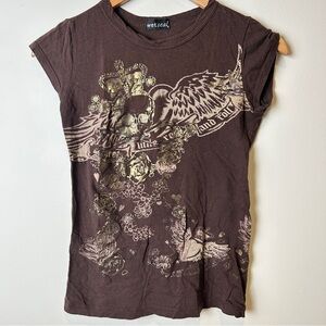 Vintage Y2K Wet Seal Brown Graphic Short Sleeve Baby Tee Grunge Fairy w/ Gold